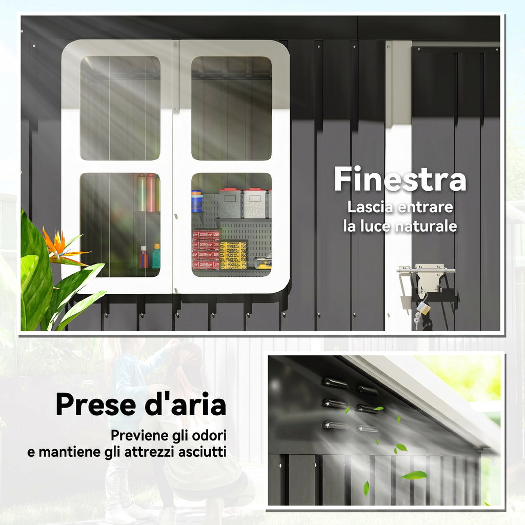 Outsunny 2.55m² Galvanized Steel Garden Shed with Foundation Kit, Pitched Roof Locking Door, Grey