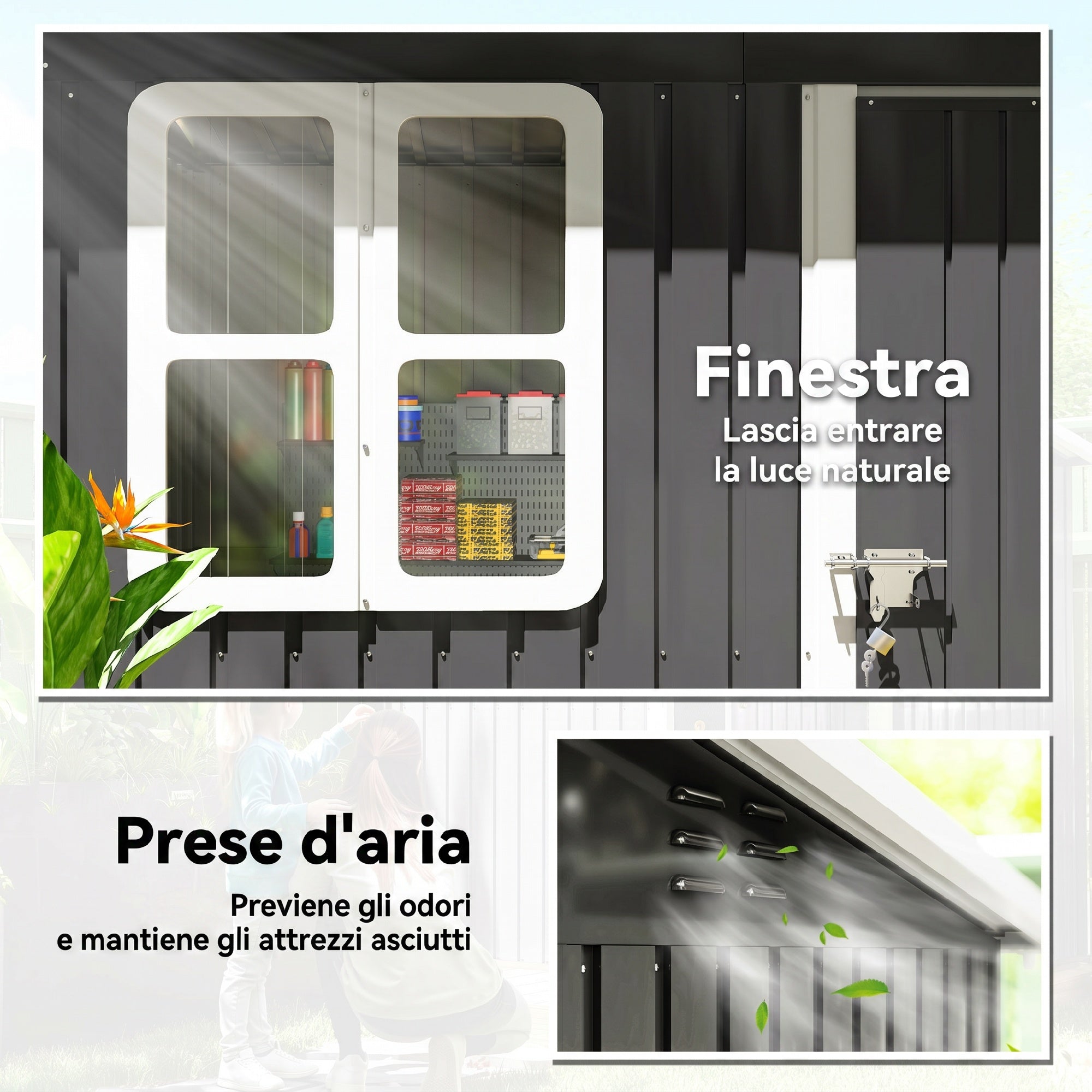 Outsunny 2.55m² Galvanized Steel Garden Shed with Foundation Kit, Pitched Roof Locking Door, Grey
