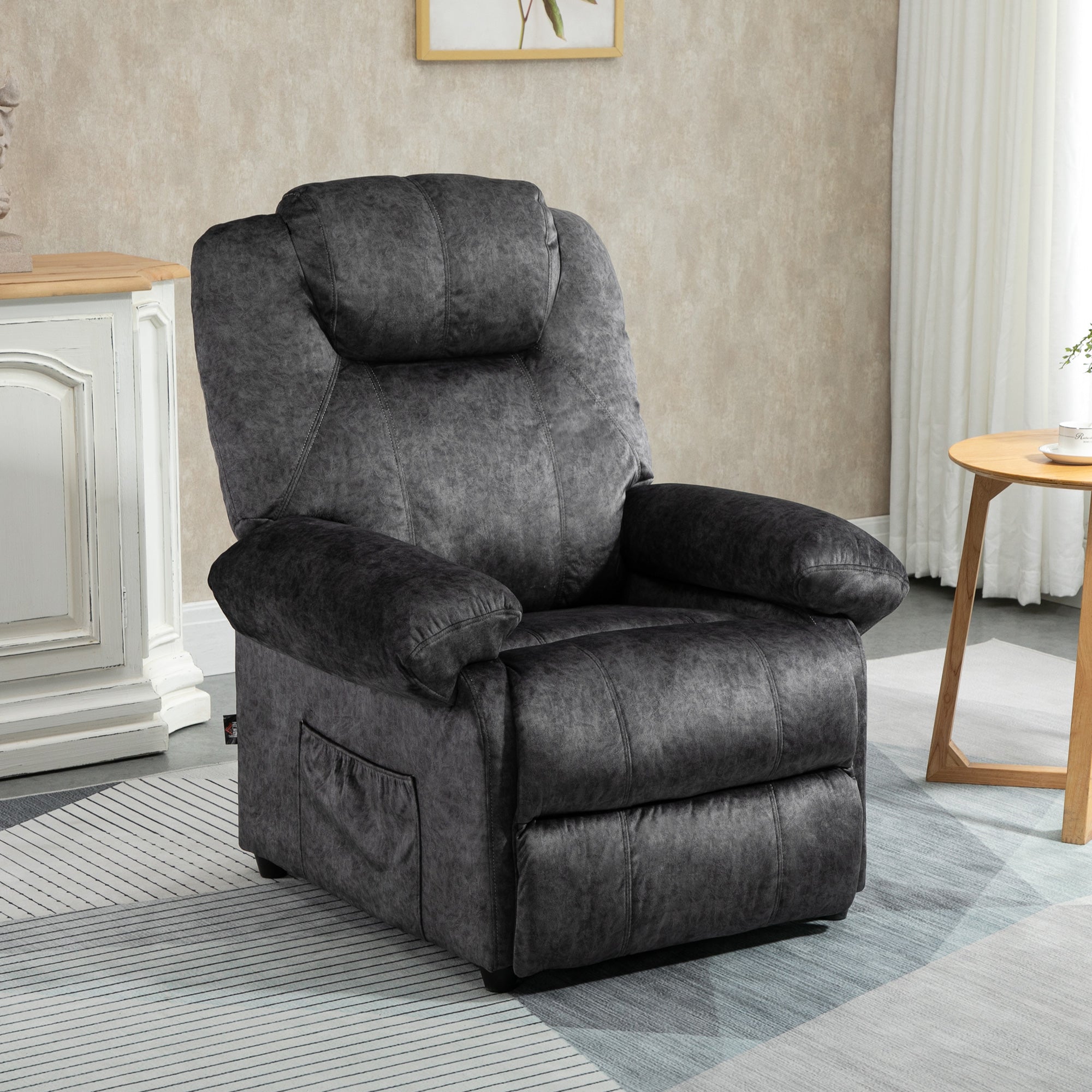 Manual Reclining Fabric Relax Chair with Removable Footrest and Side Pocket, Black
