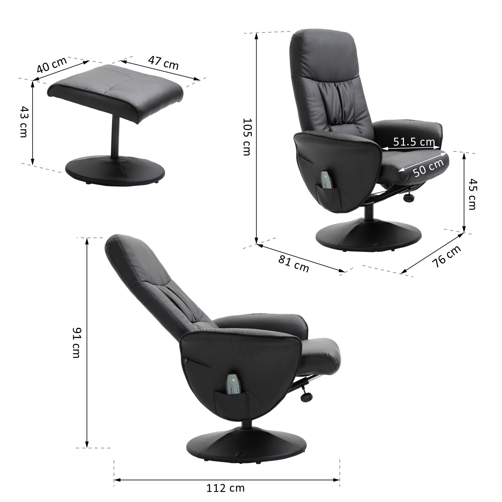 Massage Chair with Ottoman and Footrest, 145° Reclining, Swivel Seat and 10 Massage Points, Black