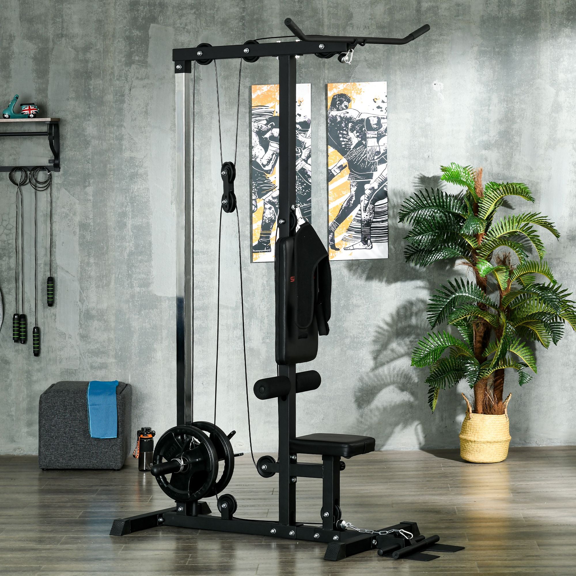 SPORTNOW Multifunctional Fitness Station with Lat Machine, Adjustable Seat and Disc Holder, Black