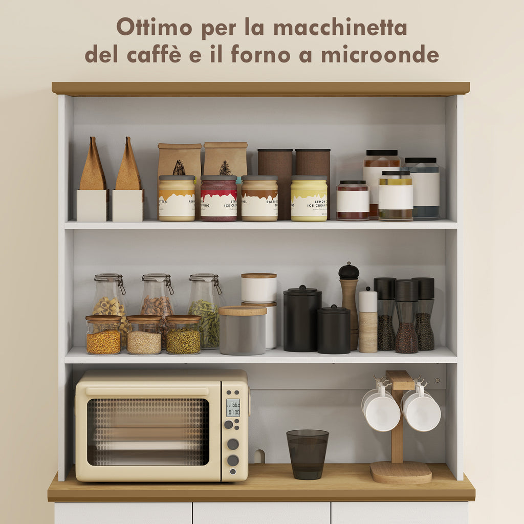 Kitchen Pantry with 3 Open Shelves, 3 Drawers and 2 Cabinets, Wooden, 101x39x180.5 cm, White and Wood Color