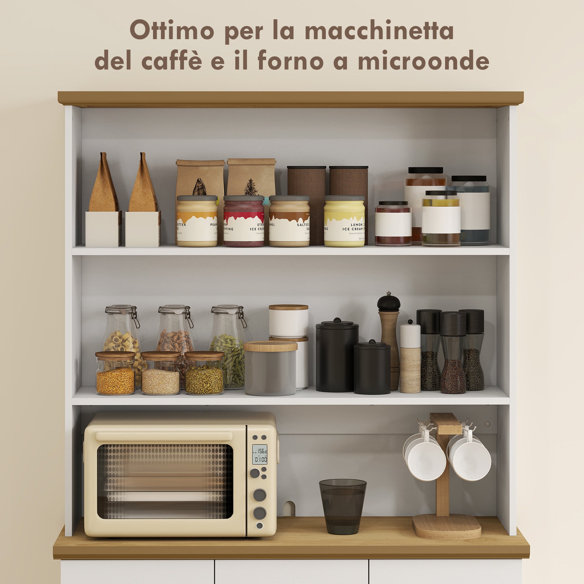 Kitchen Pantry with 3 Open Shelves, 3 Drawers and 2 Cabinets, Wooden, 101x39x180.5 cm, White and Wood Color