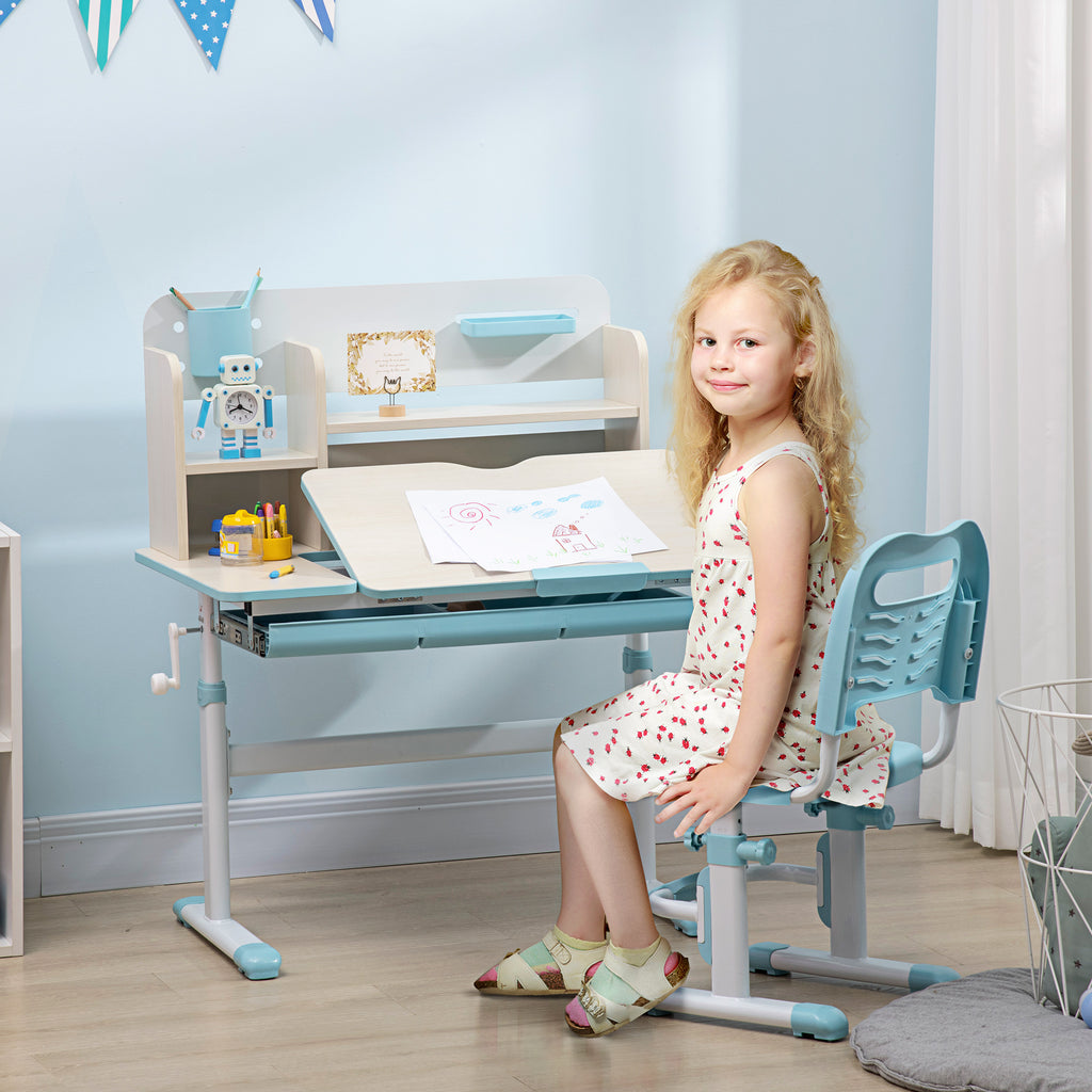 Children's Desk and Chair Set for Ages 3 and Up, Adjustable 60° Tiltable Table with Drawer and Shelves, Blue