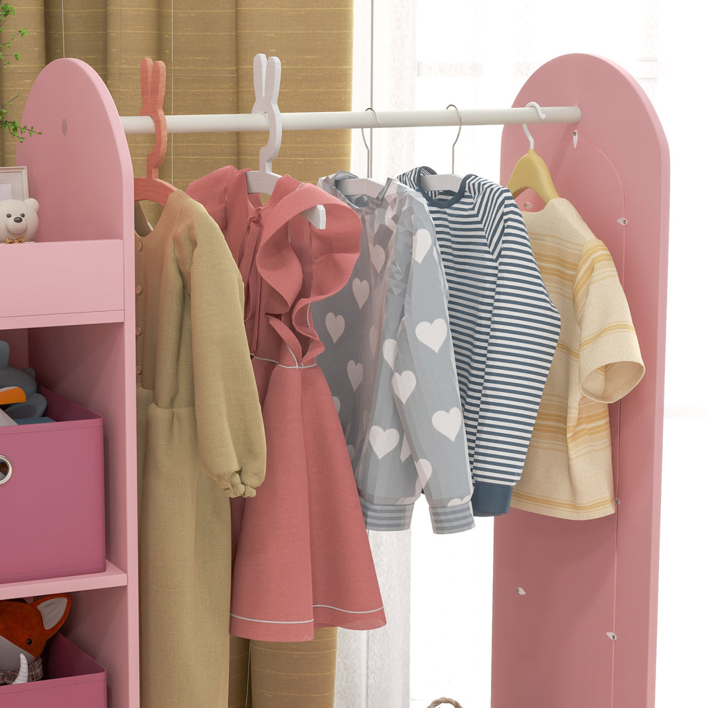 Children's Coat Rack Open Wardrobe with Shelves, Boxes, and Wooden Mirror, Pink