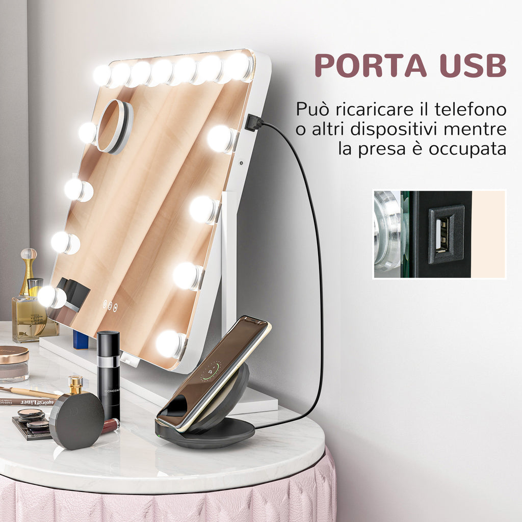 Makeup Mirror with 14 Adjustable LED Lights and USB Charging, Glass and Metal, 62.5x14x49.5 cm, White