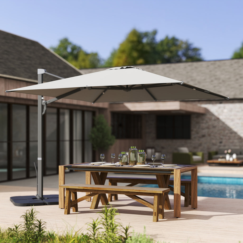 Cantilever Umbrella with Crank and Cross Base, in Polyester, Aluminum and Metal, 365x297x256 cm, Light Gray