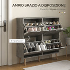Mobile Shoe Rack with 4 Folding Drawers at 2 Levels for 16 Pairs, in Wood, 95x26x95 cm, Gray