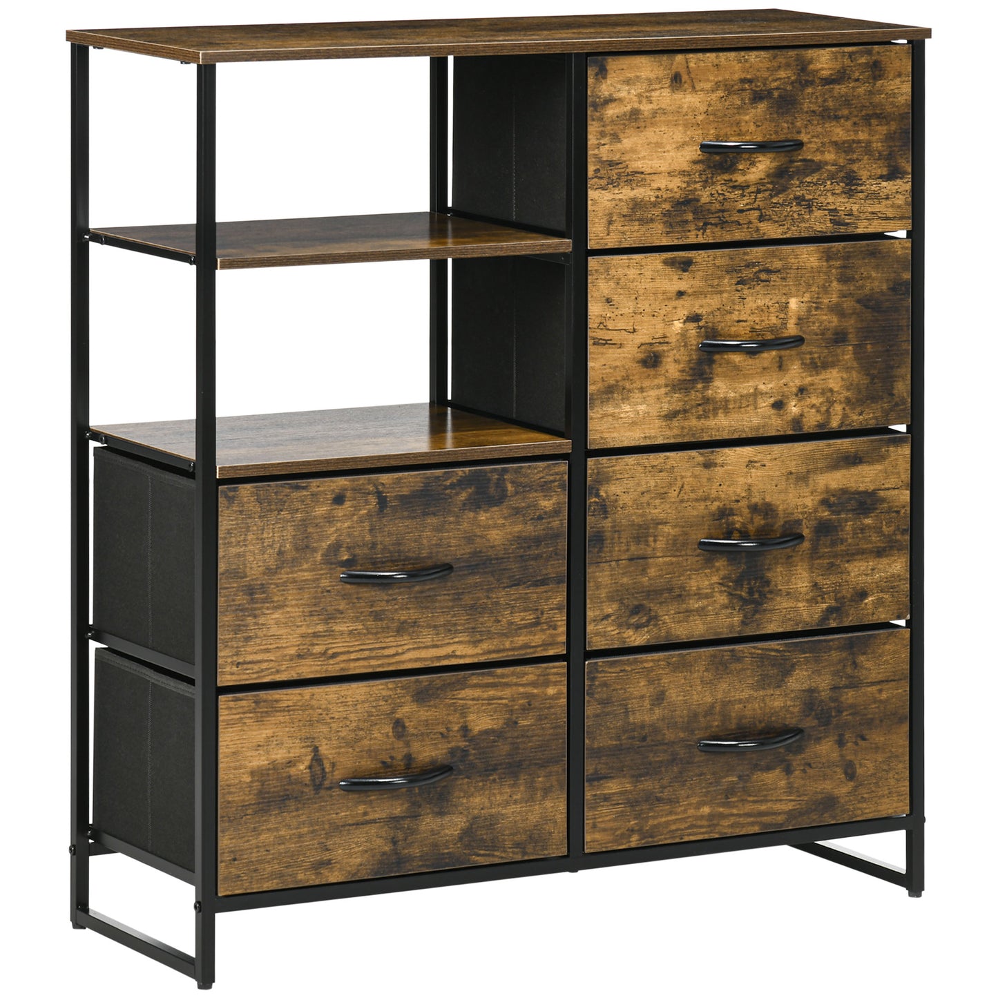 Chest of Drawers Folding Fabric Industrial Style Steel and Wood, 84x30x92cm, Rustic Brown