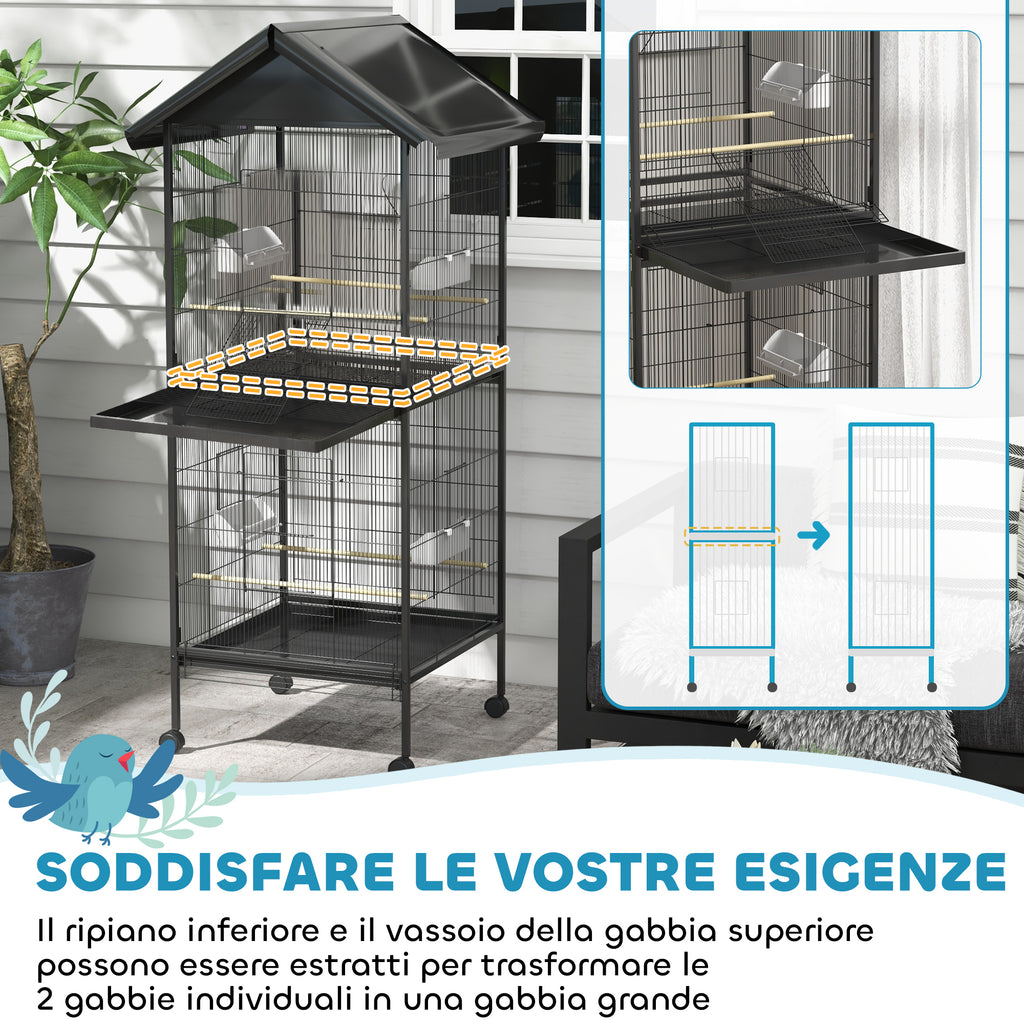 PawHut Wheeled Bird Aviary with Removable Plastic Trays and Perches, Metal, 71.8 x 71.8 x 170.2 cm, Black