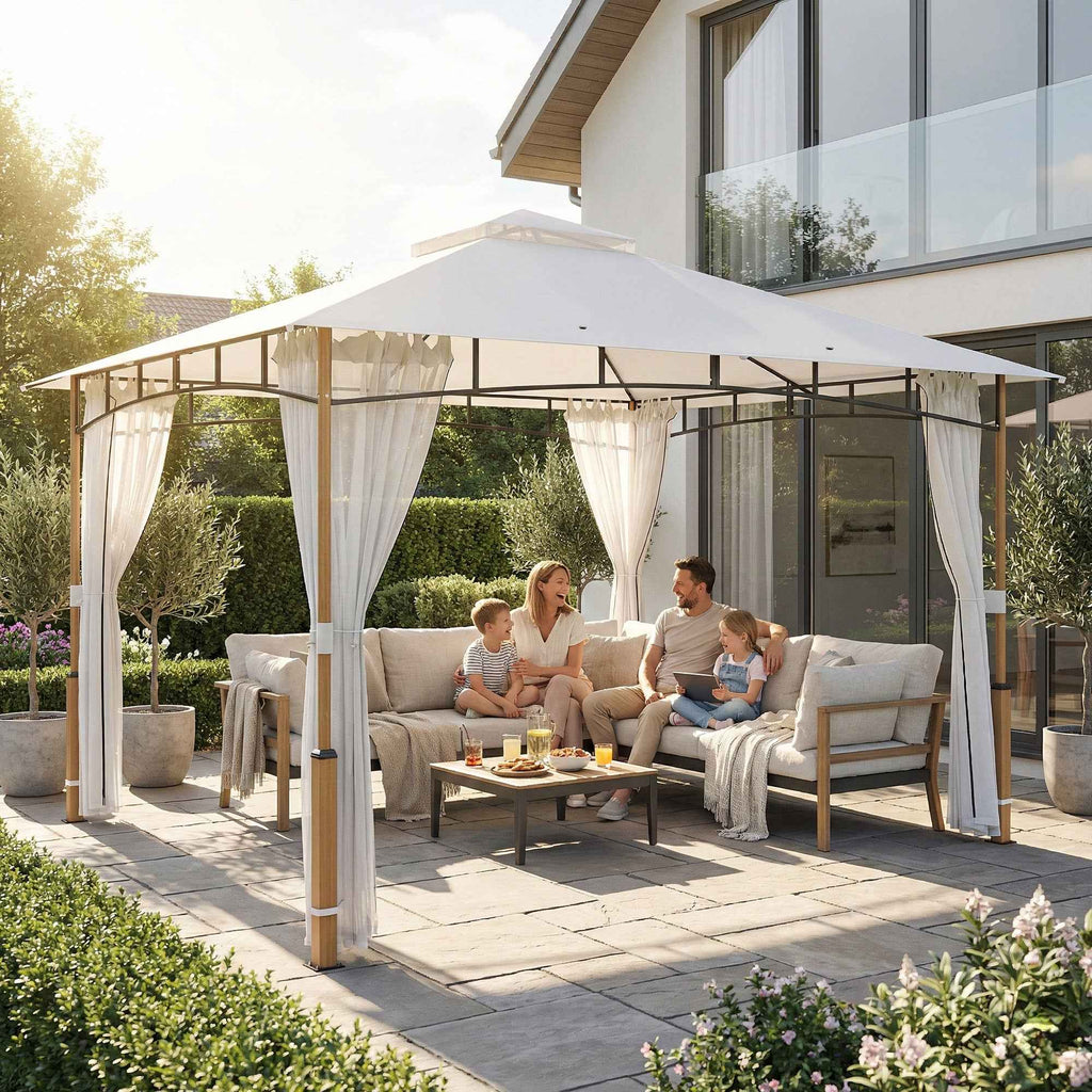 Outsunny Gazebo 3 x 3.6 m, Double Roof UPF50+ with Net, Cream