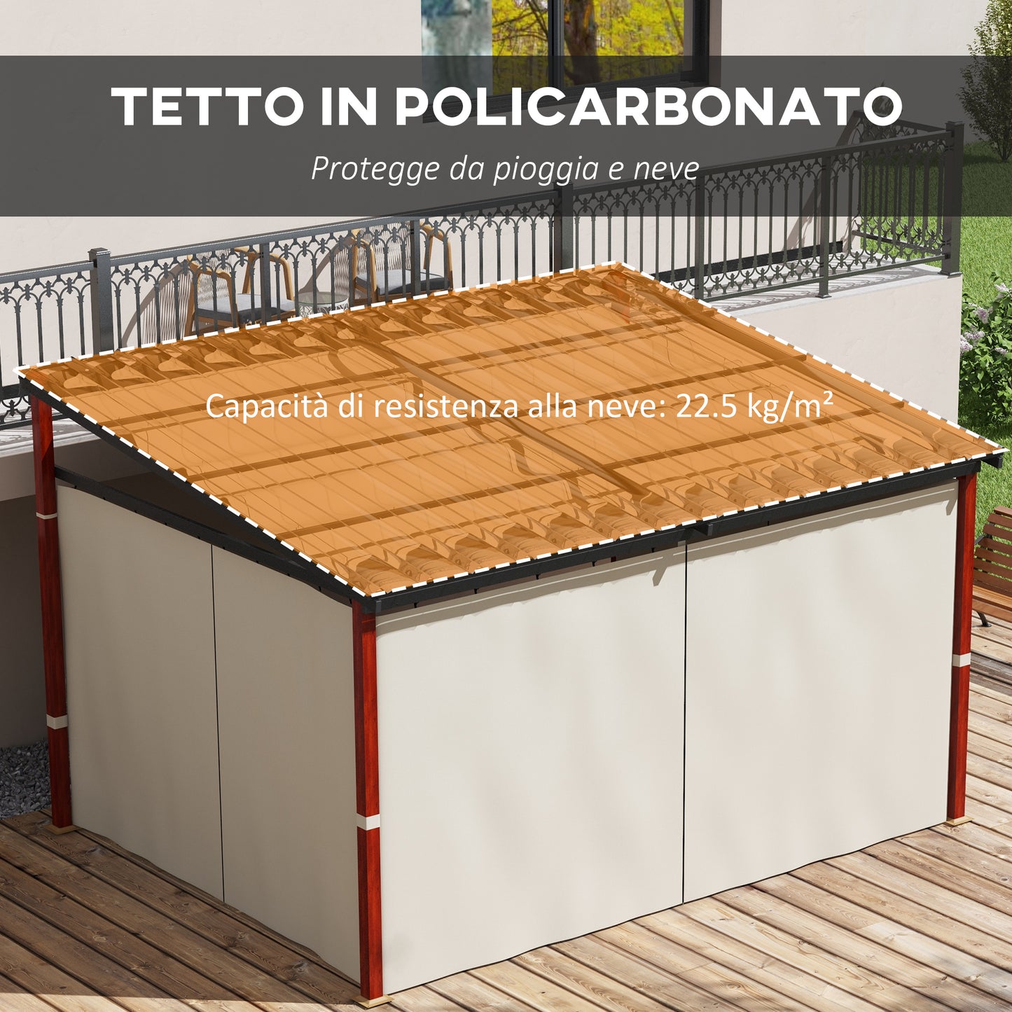 Outsunny Pergola with lateral curtains and retractable roof in PC, aluminum and metal, 345x300x215-255 cm, cream - Borgè