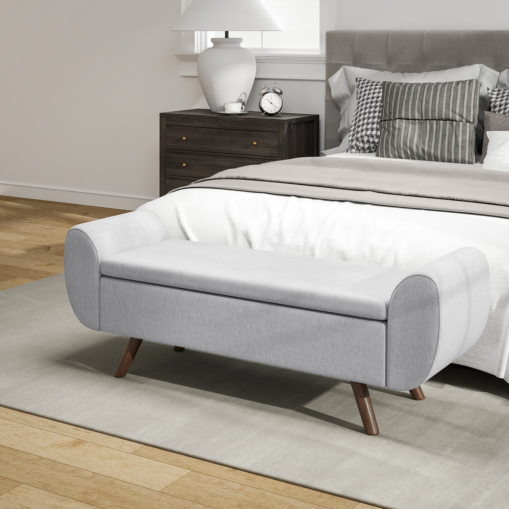 Bedside Storage Bench with Fabric Armrests, Wooden Legs and 53.8L Compartment, 132x42x50 cm, Grey