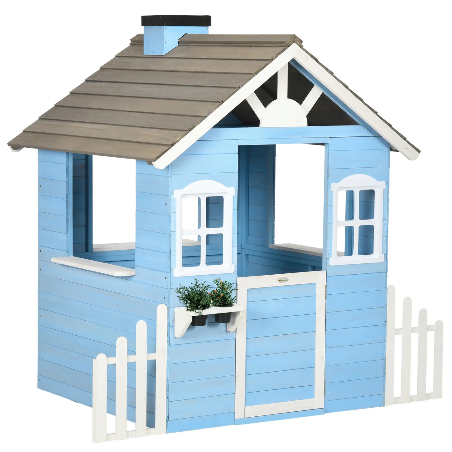 Children's House 3-7 Years with Fence, Plant Stand, Door and Windows, in Fir Wood, 151x112.5x142 cm, Blue