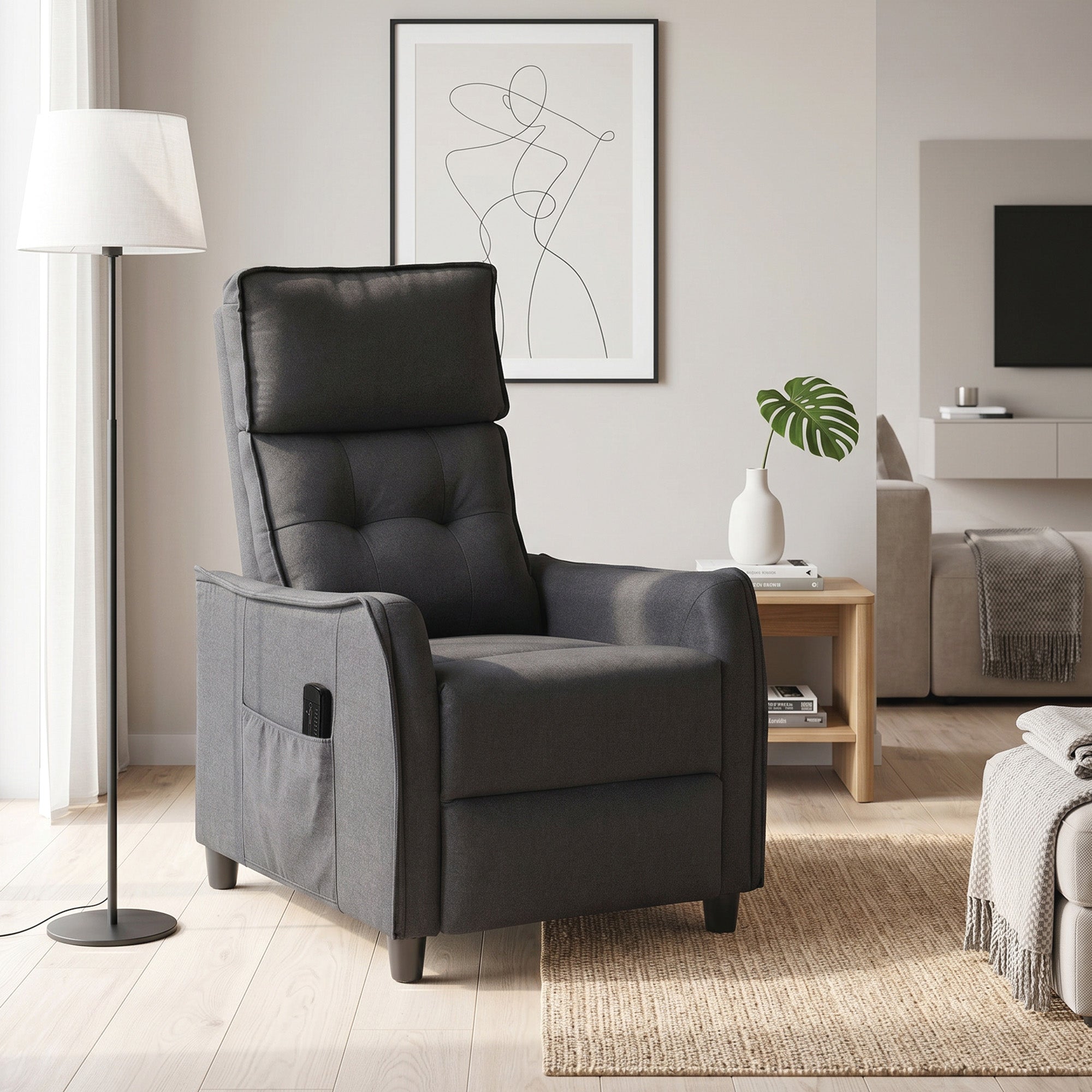 HOMCOM 160° Reclining Massage Chair with Footrest and Remote Control, 69x93x104 cm, Dark Grey Linen Effect