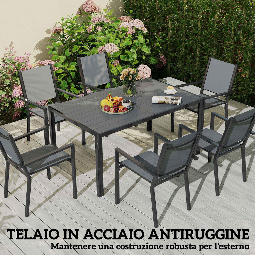 Outsunny 7-Piece Garden Set with Slatted Table and 6 Stackable Chairs, in Steel and Texteline, Grey