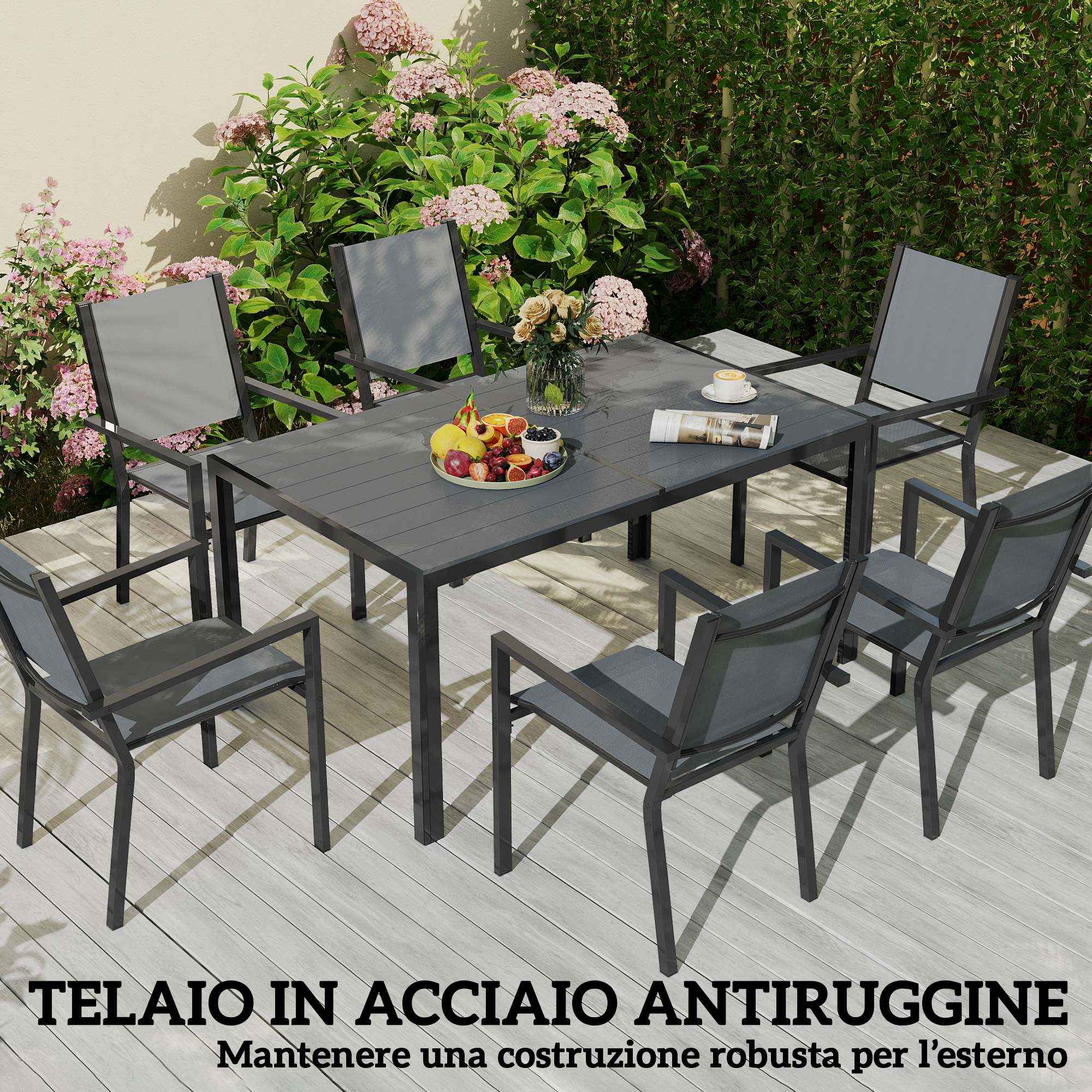 Outsunny 7-Piece Garden Set with Slatted Table and 6 Stackable Chairs, in Steel and Texteline, Grey