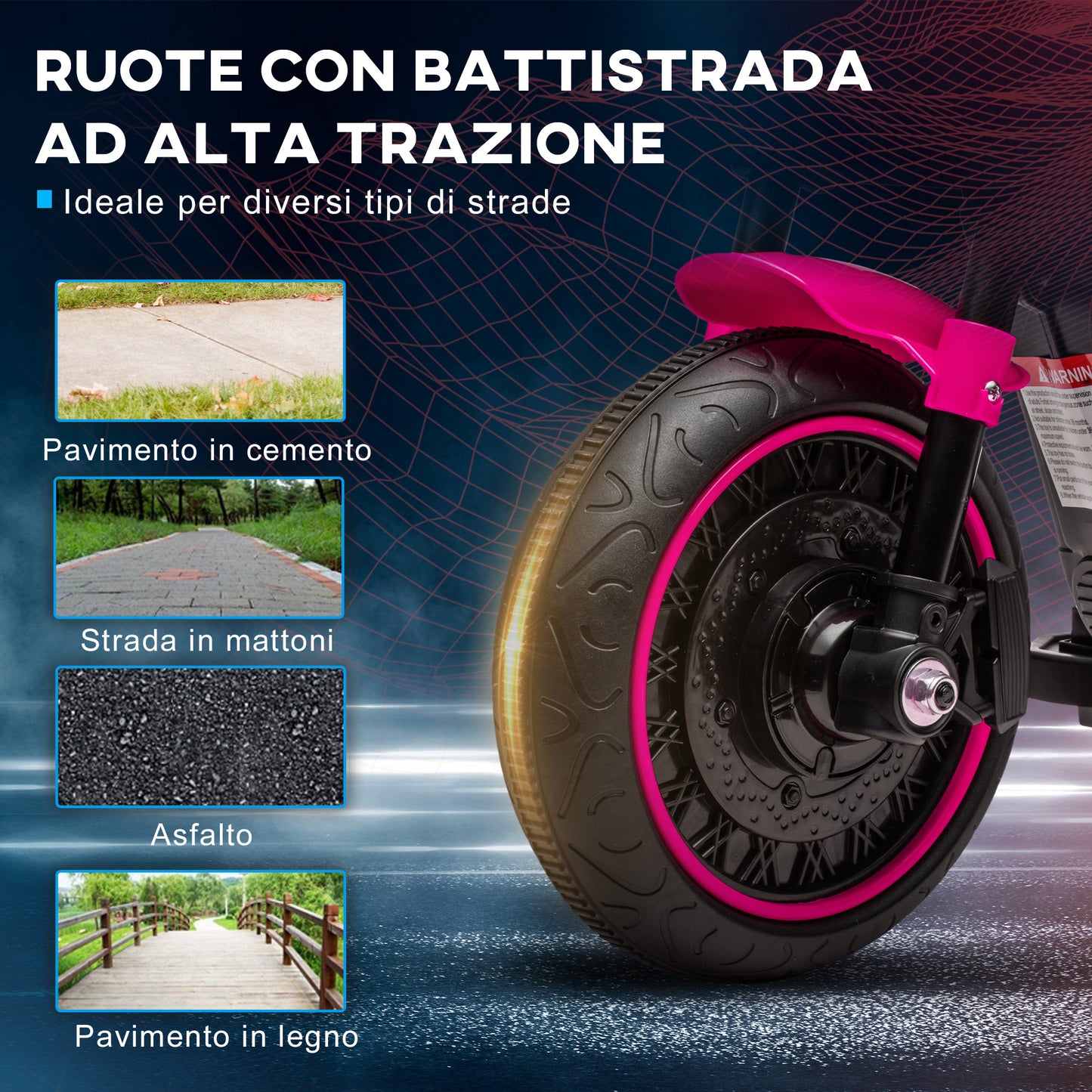 Electric Motorcycle for Children 18-36 Months with Wheels and Headlight, 76x42x57 cm, Pink and Black - Borgè