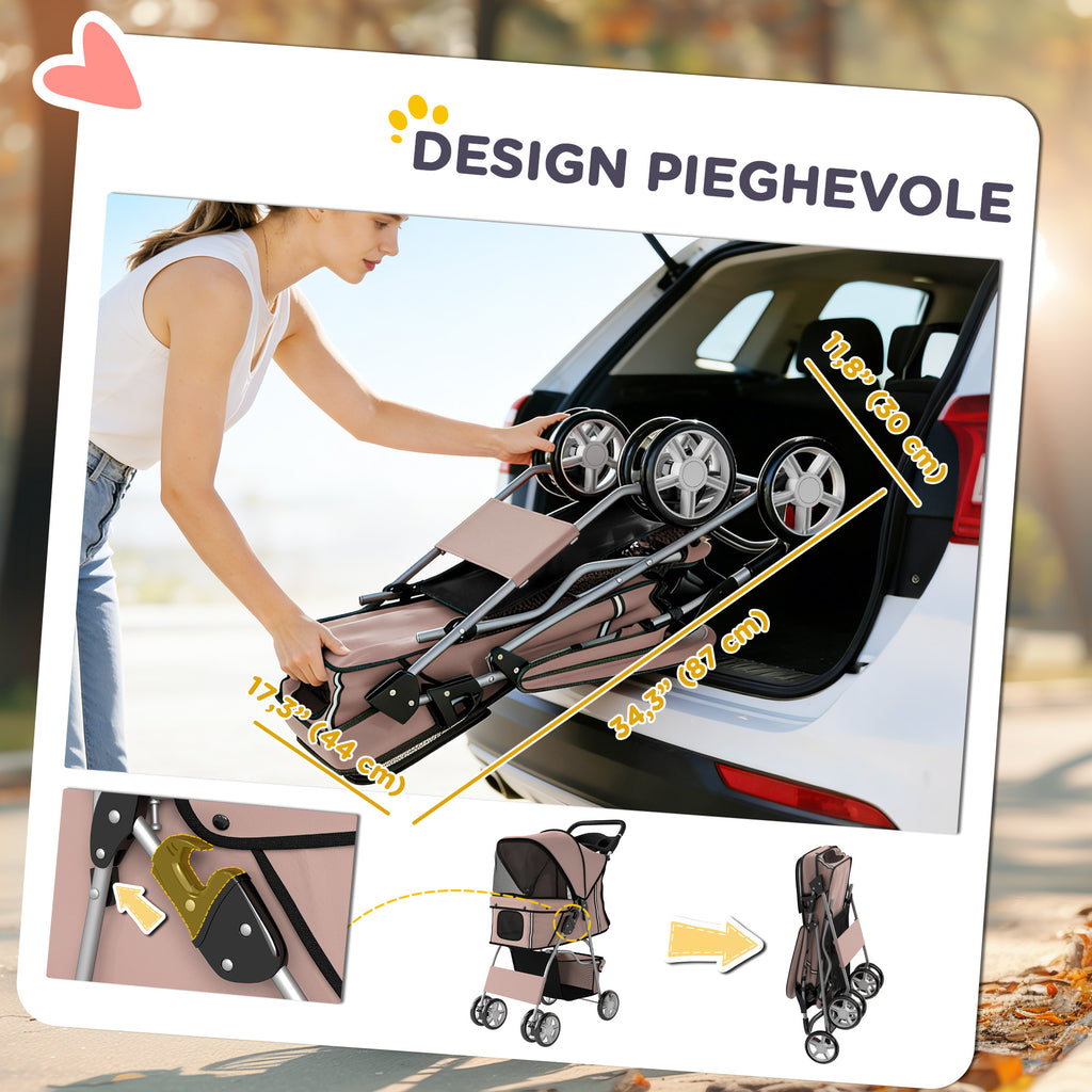 PawHut Folding Dog Stroller with Reflectors, Swivel Wheels, Brakes, and Washable Cushion, Coffee