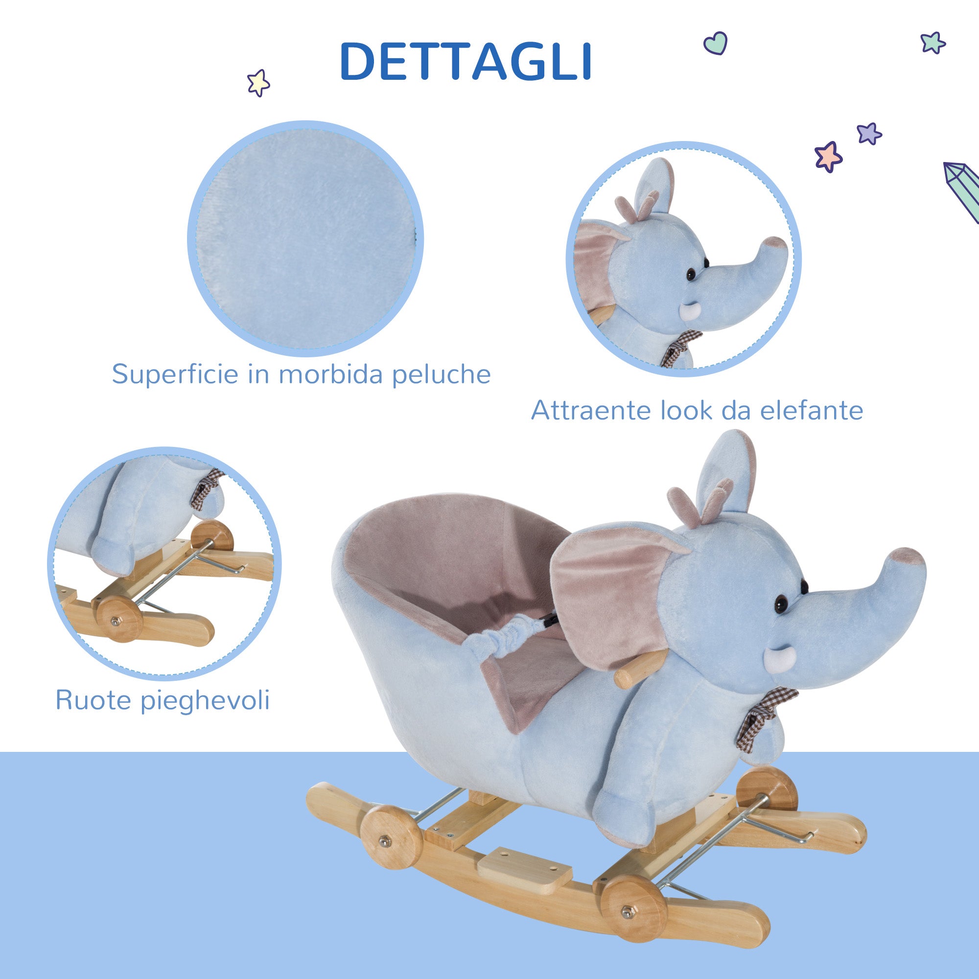 Elephant Rocking Animal with Wheels and Belt, Plush, Wood and Steel, 60x35x45 cm, Blue