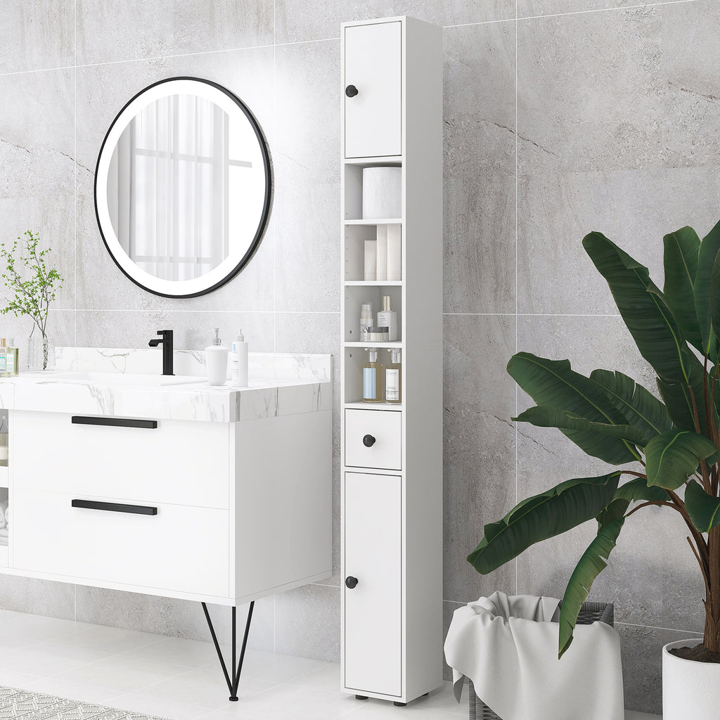 kleankin Bathroom Cabinet with Drawer, 2 Cabinets and 4 Open Shelves, Wooden, 20x20x180 cm, White