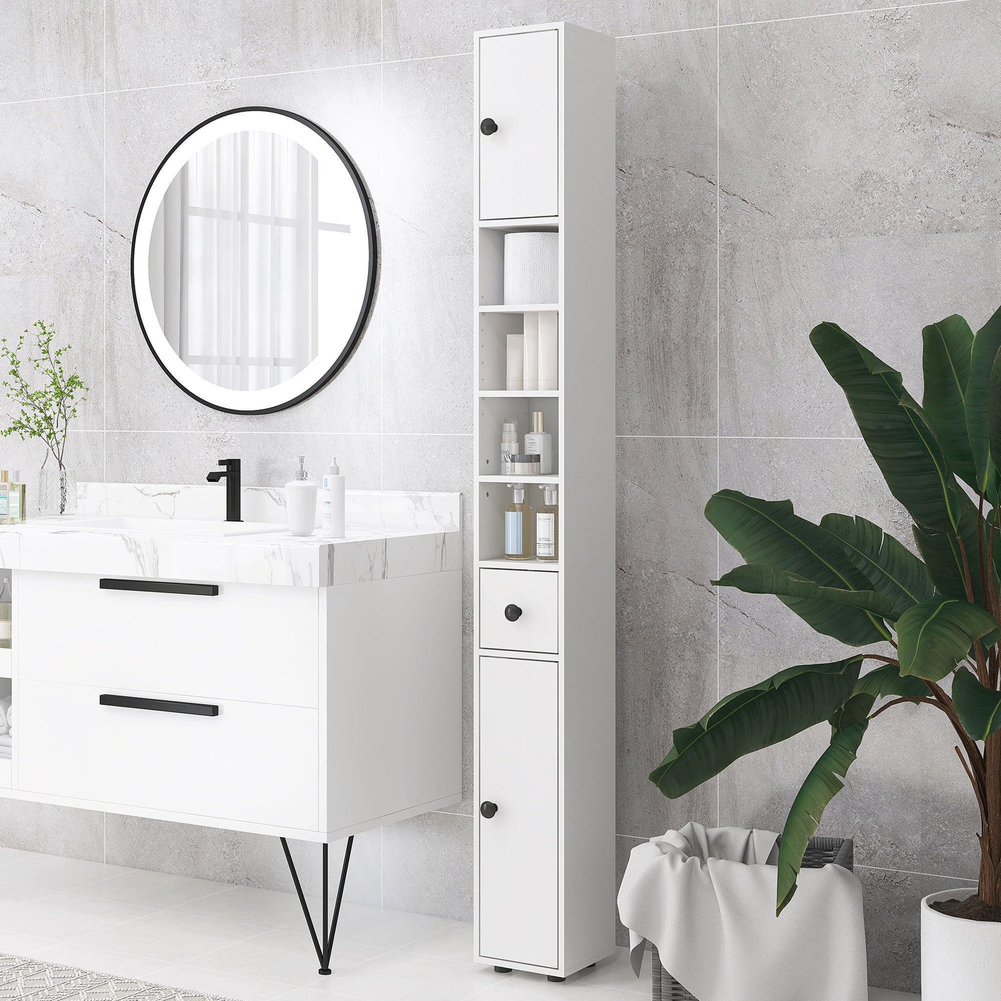kleankin Bathroom Cabinet with Drawer, 2 Cabinets and 4 Open Shelves, Wooden, 20x20x180 cm, White