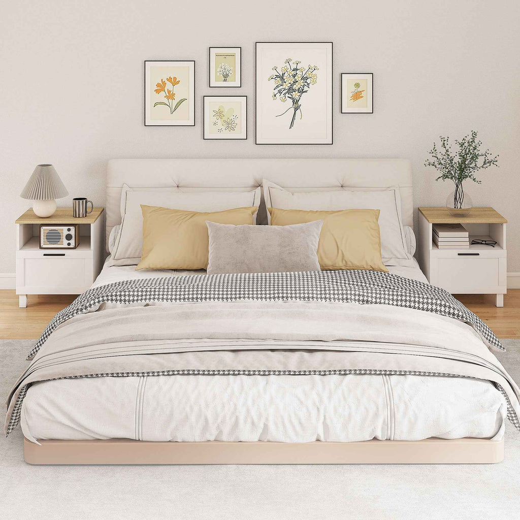 HOMCOM Modern Bedside Table with Drawer and Wooden Shelf, 45x38x50 cm, White and Wood Color