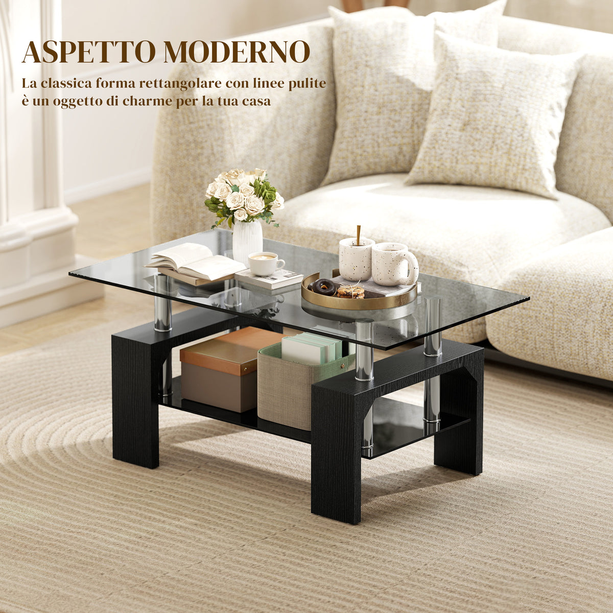 HOMCOM Modern 2-Tier Wood and Steel Coffee Table with Tempered Glass Top, 90x50x42 cm, Black