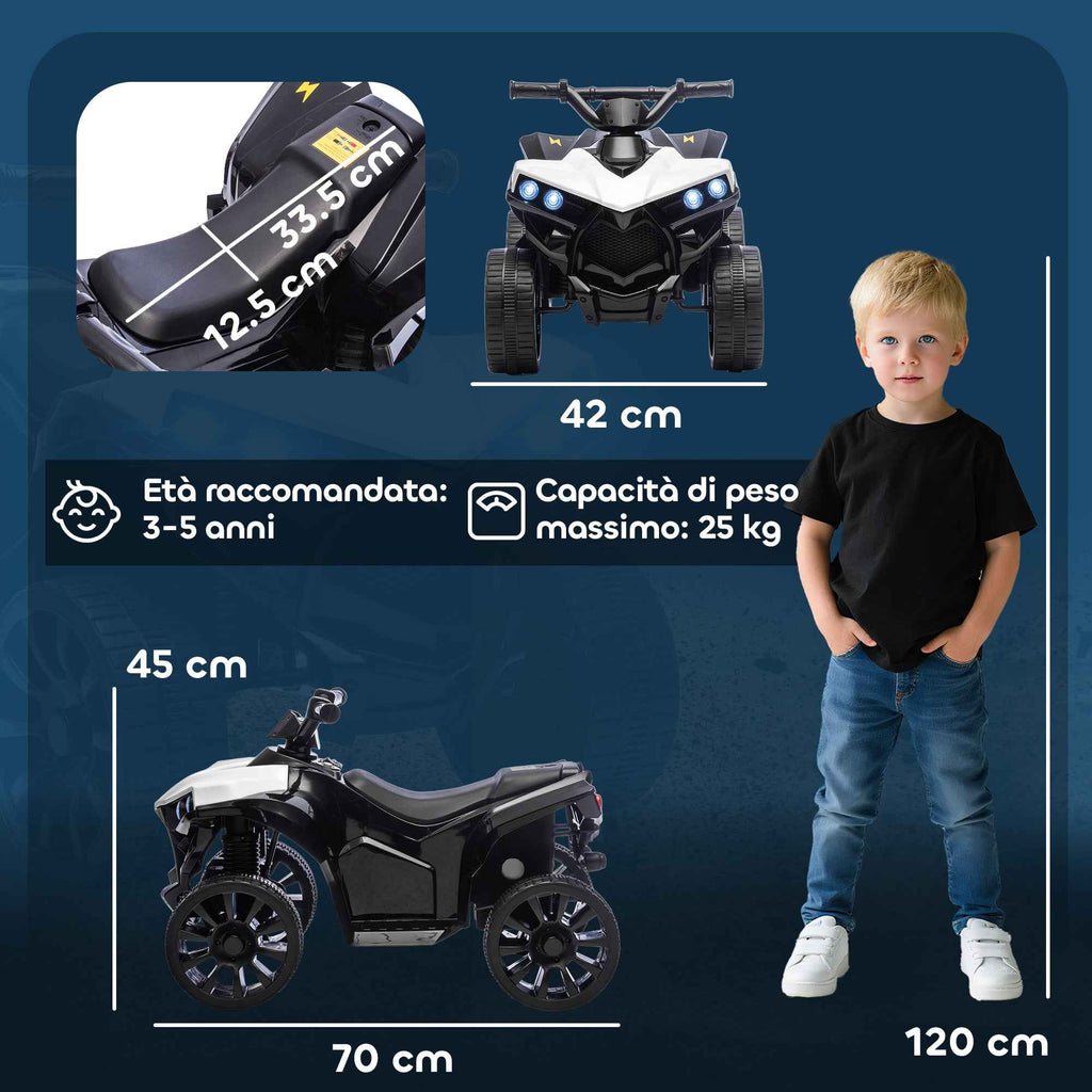 Kids' Electric Quad Bike ATV with 6V Rechargeable Battery, LED Headlights and Music, Ages 3-6 Years, White