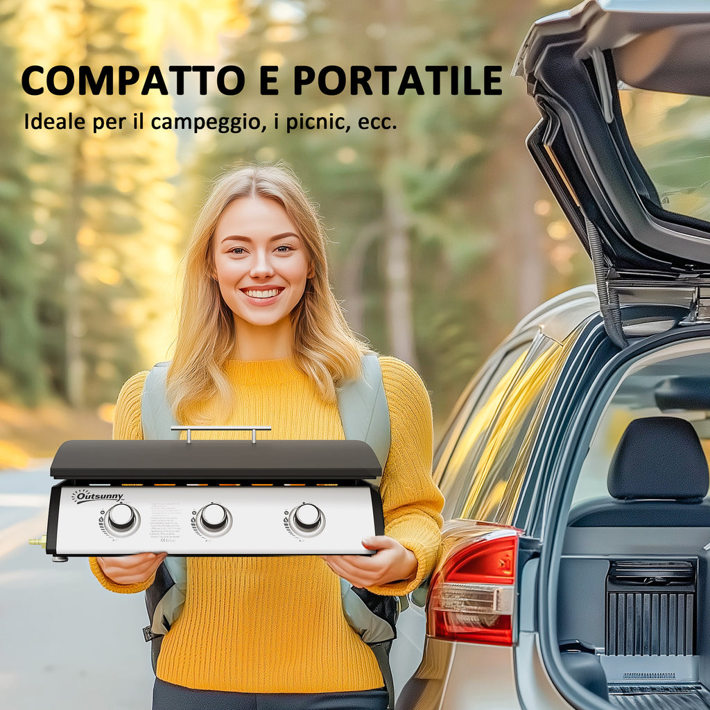 Enamelled Steel Gas Hob with 3 Burners Power 7.5kW, 3 Cooking Zones and Lid, Black