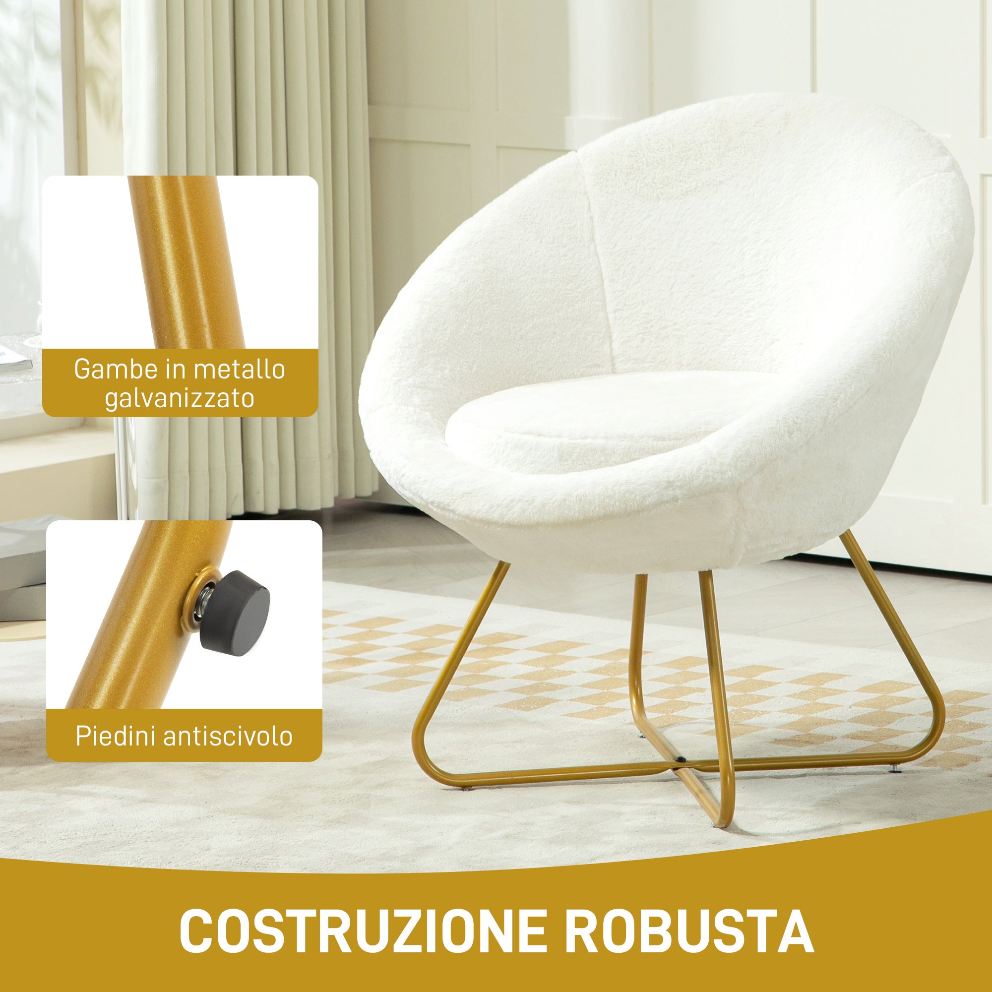 Faux Fur Bedroom Chair with Metal Legs, 75x66x79 cm, White