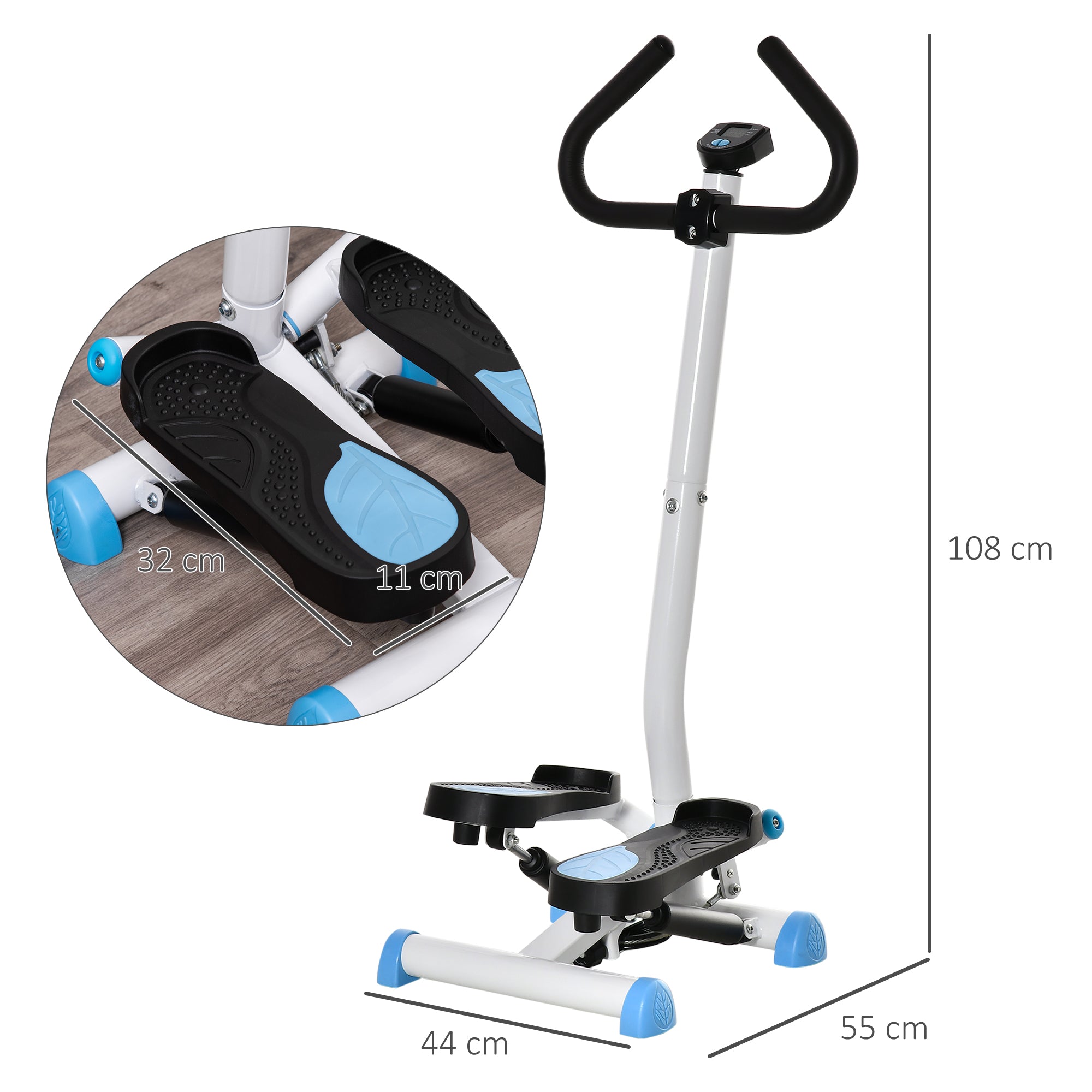 Stepper with Handlebar, Non-Slip Pedals and LCD Monitor, in Steel and ABS, 55x44x108 cm, White Black and White