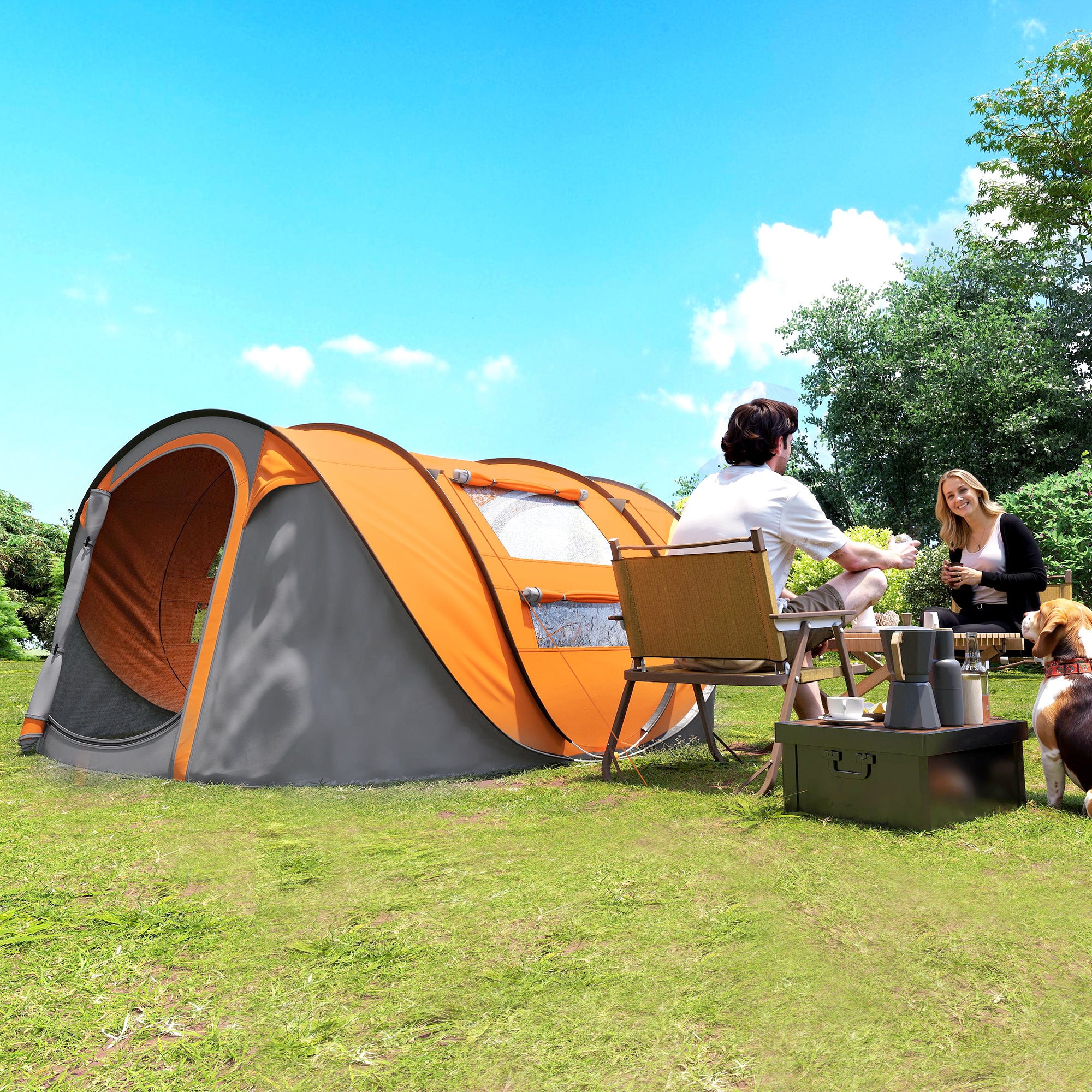 Outsunny 2-Person Pop-Up Camping Tent with 2 Doors, 4 Windows and Waterproof Tarp, 263.5x220x123 cm, Orange