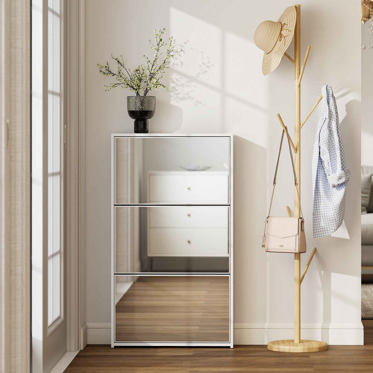 HOMCOM Mirrored Shoe Rack with 3 Flap Drawers for 9 Pairs of Shoes, Wooden, 65x17x114.5 cm, White