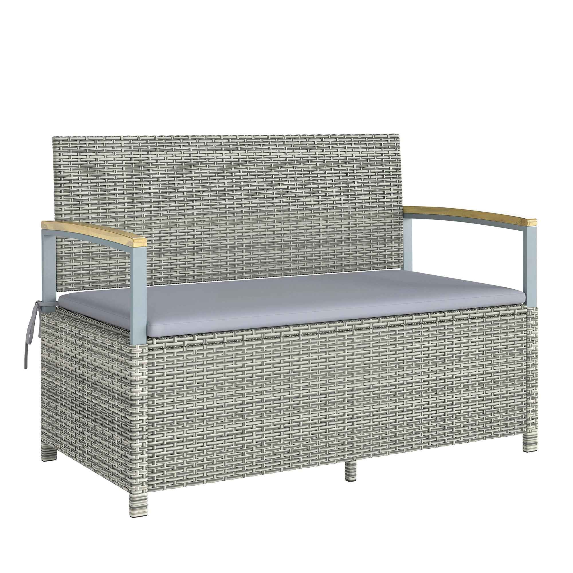 Outsunny 170L Garden Bench, 2 Seater Rattan with Cushion, Light Grey