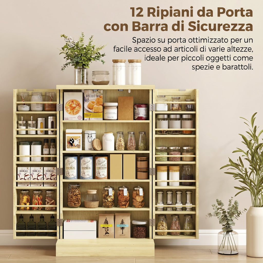 HOMCOM 104cm Pantry, 12 Spice Racks, Adjustable Shelves, Natural Wood.