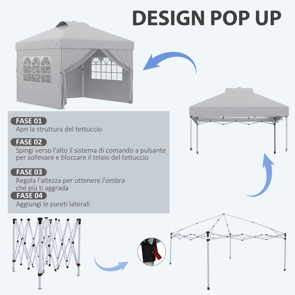 3x3m Folding Gazebo with 3-Level Adjustable Height, Windows and Carry Bag, Light Grey
