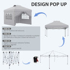 3x3m Folding Gazebo with 3-Level Adjustable Height, Windows and Carry Bag, Light Grey