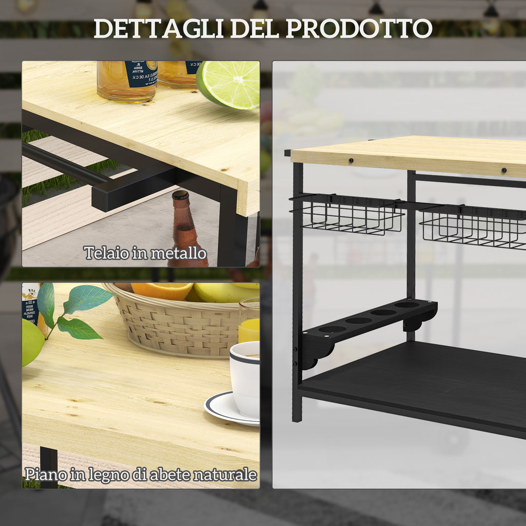 Garden trolley with 2 shelves, 2 baskets and 4 bottle holder spaces, in fir wood, 97.5x65x81 cm - Borgè