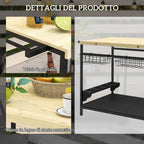 Garden trolley with 2 shelves, 2 baskets and 4 bottle holder spaces, in fir wood, 97.5x65x81 cm - Borgè