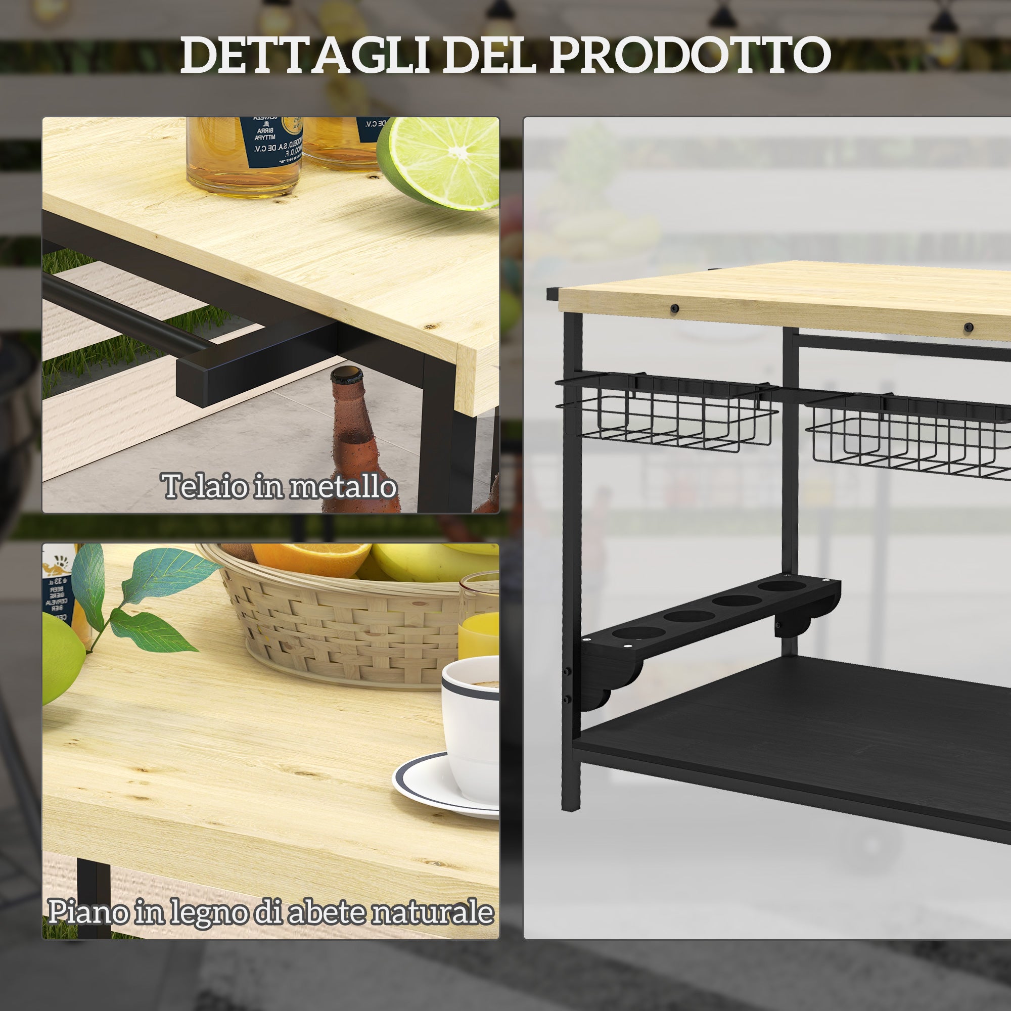 Garden trolley with 2 shelves, 2 baskets and 4 bottle holder spaces, in fir wood, 97.5x65x81 cm - Borgè