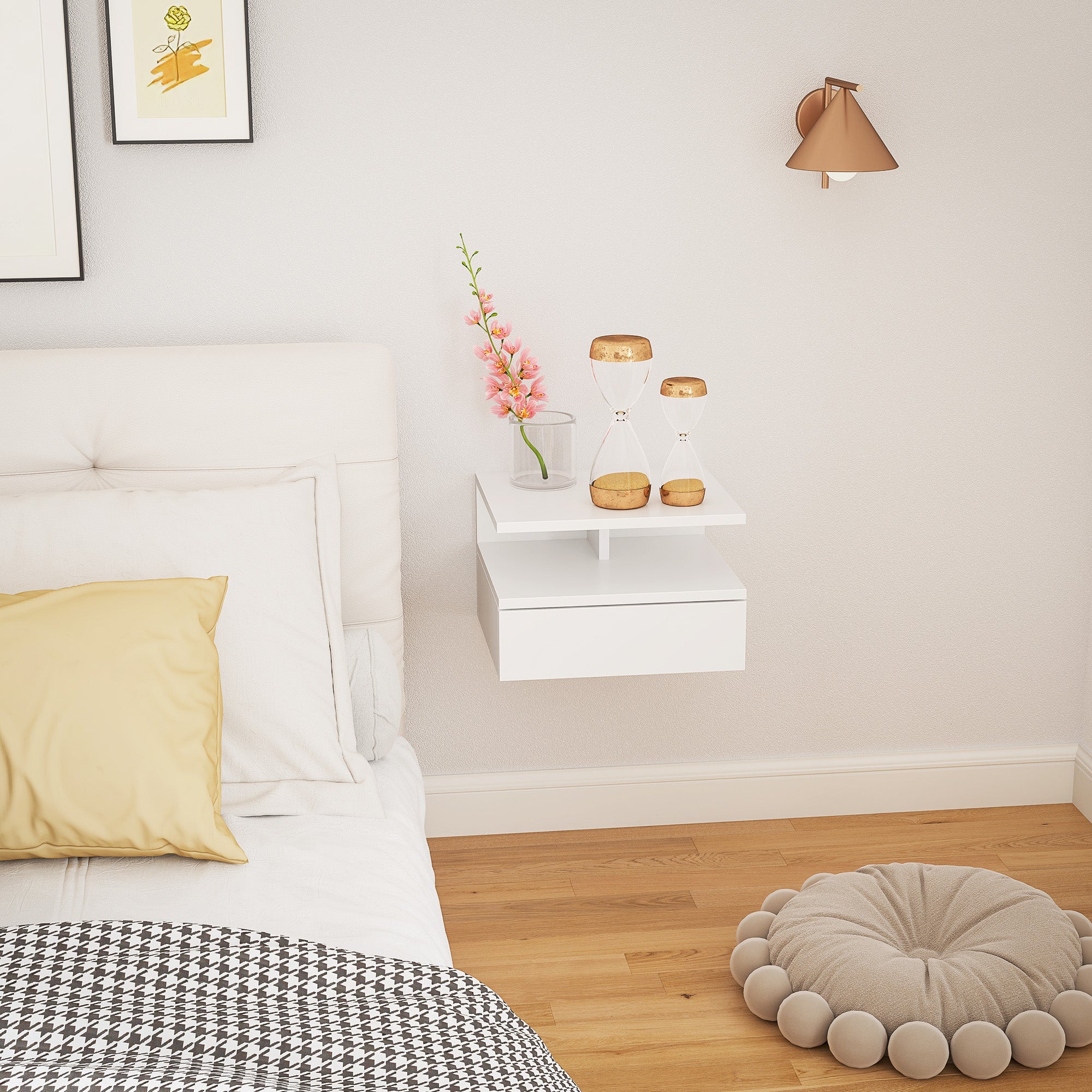 Floating Nightstand for Bedroom with Drawer and Wooden Shelf, 35x32x22.5cm, White