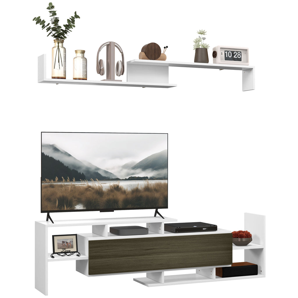 TV Cabinet with Wall Shelf, Open Shelves and Wooden Cabinet, Black and White