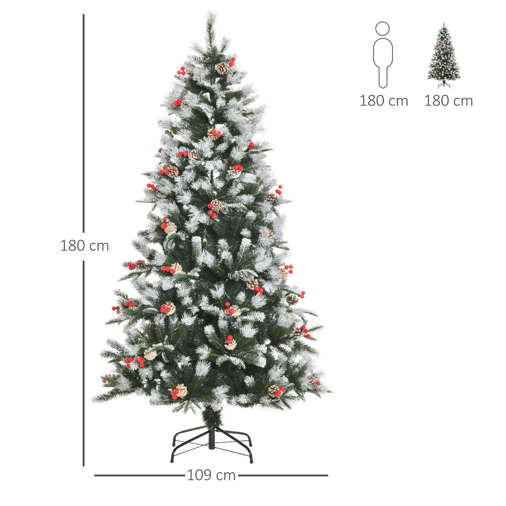 180cm Snowy Christmas Tree with Red Berries and White Pine Cones, Removable Folding Base, 678 Branches, Green