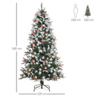 180cm Snowy Christmas Tree with Red Berries and White Pine Cones, Removable Folding Base, 678 Branches, Green
