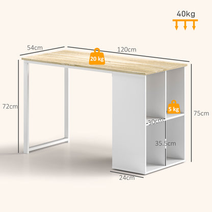 Space-Saving Computer Desk with 4 Open Shelves, Wood and Steel, 120x54x75 cm, White and Oak