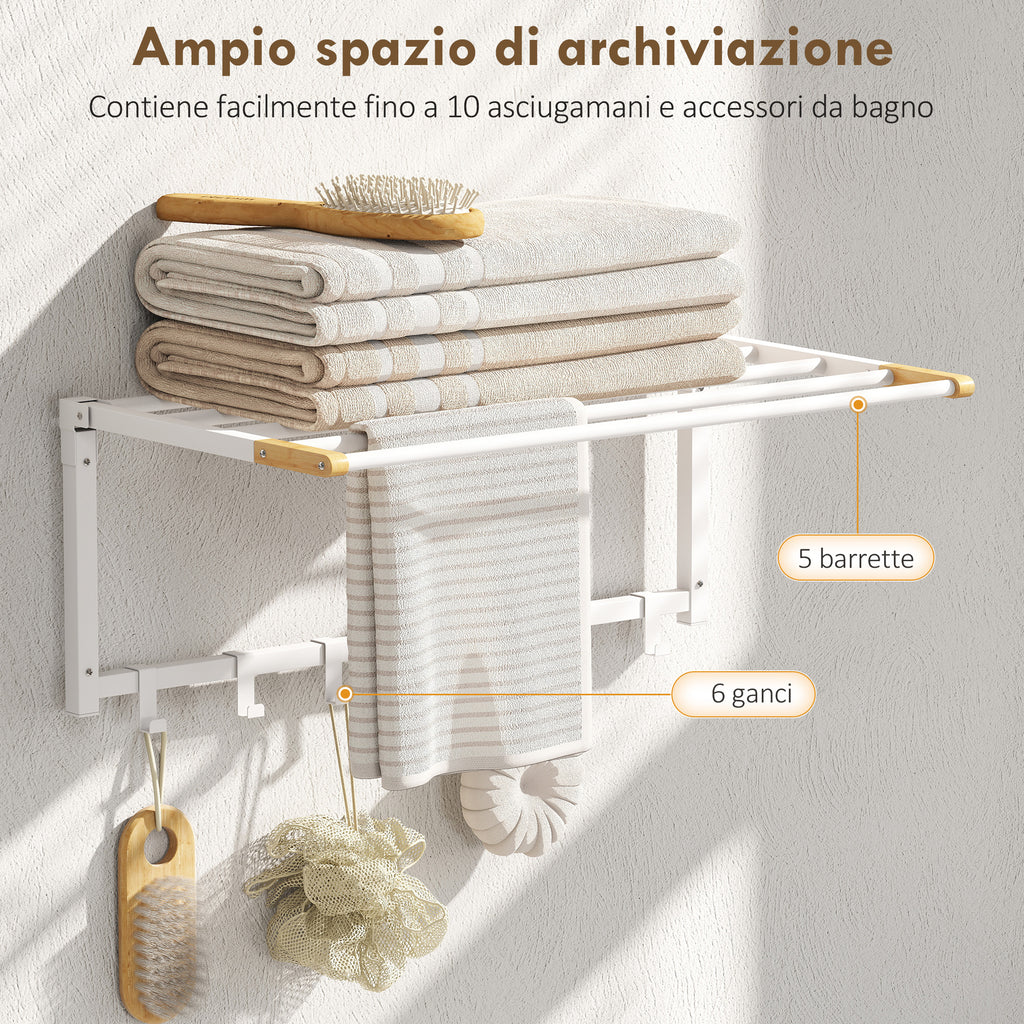 HOMCOM Folding Wall-Mounted Towel Rack with 5 Bars and 6 Hooks in Wood and Steel, 60x32.5x20 cm, White