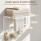 HOMCOM Folding Wall-Mounted Towel Rack with 5 Bars and 6 Hooks in Wood and Steel, 60x32.5x20 cm, White