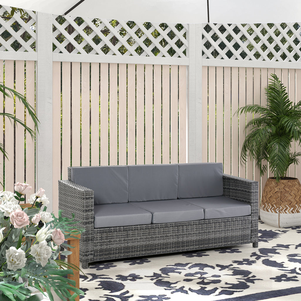 Outsunny 3-Seater Outdoor Sofa in PE Rattan and Metal with Seat and Back Cushions, 185x70x80 cm, Grey
