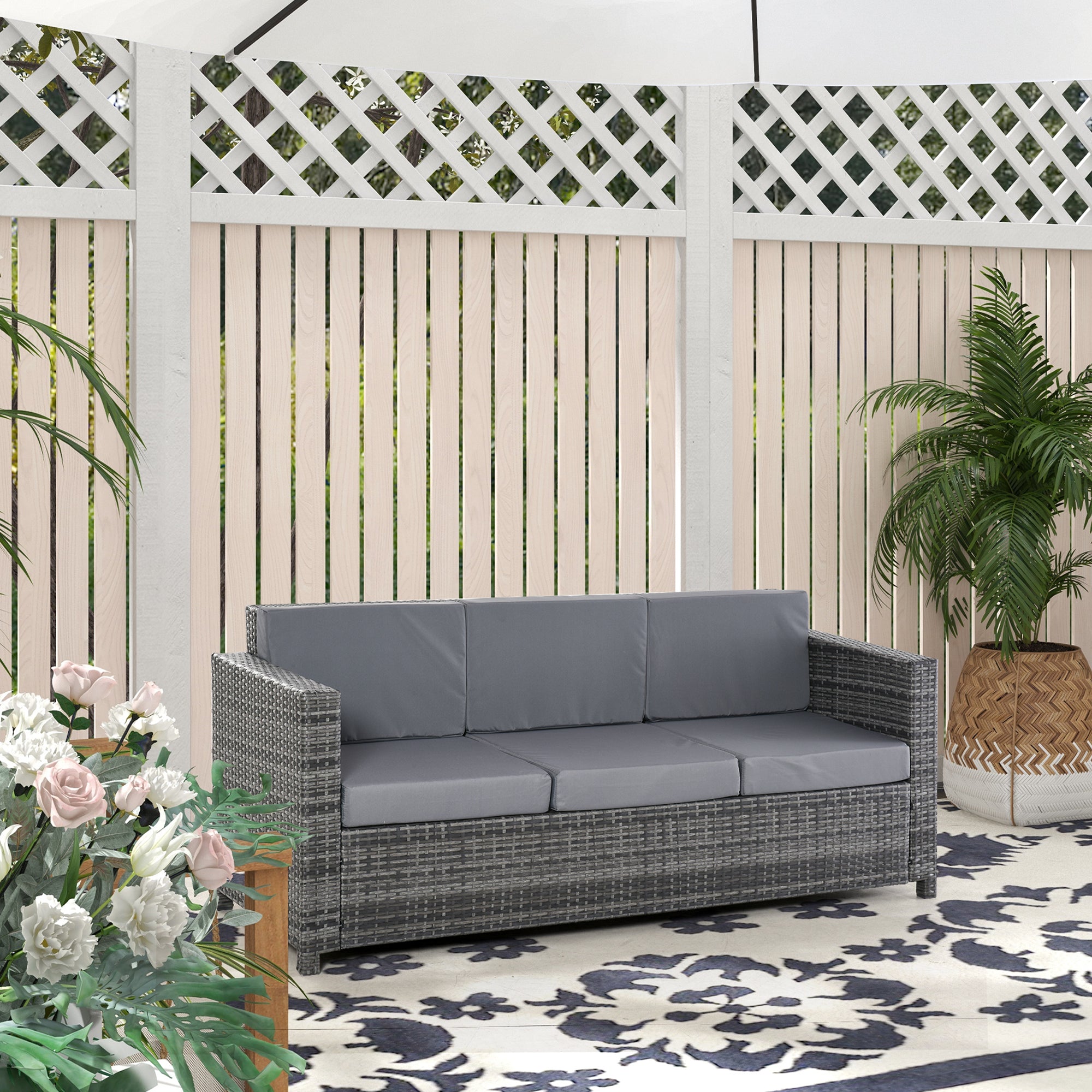Outsunny 3-Seater Outdoor Sofa in PE Rattan and Metal with Seat and Back Cushions, 185x70x80 cm, Grey